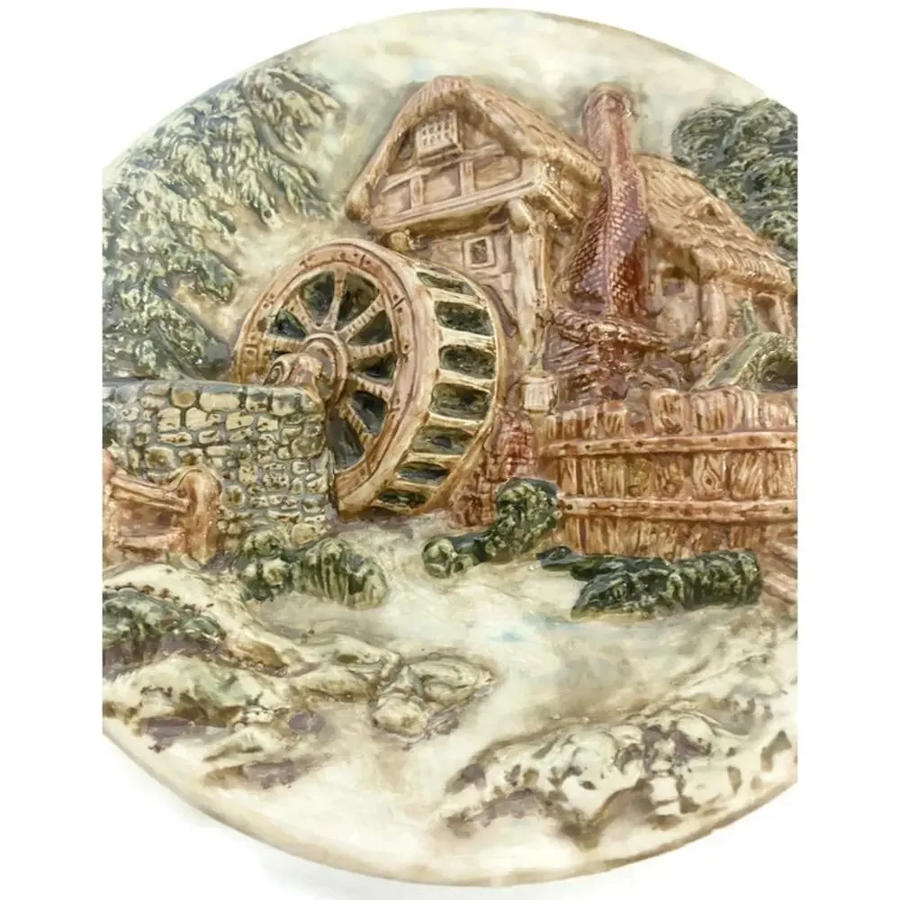 Vintage Chalkware Watermill & Seaport Wall Art Plates 10.5